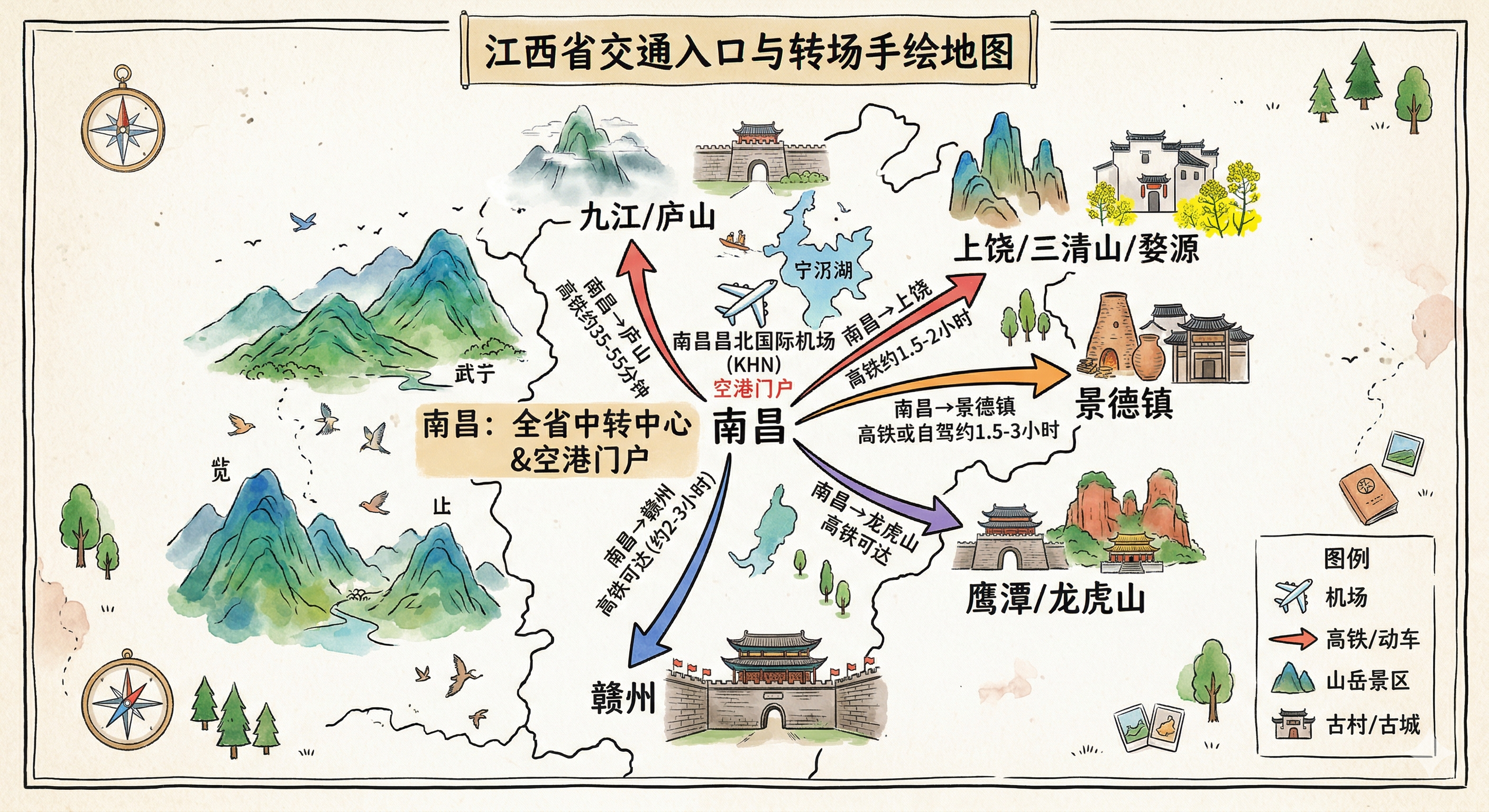 江西交通入口与转场手绘地图